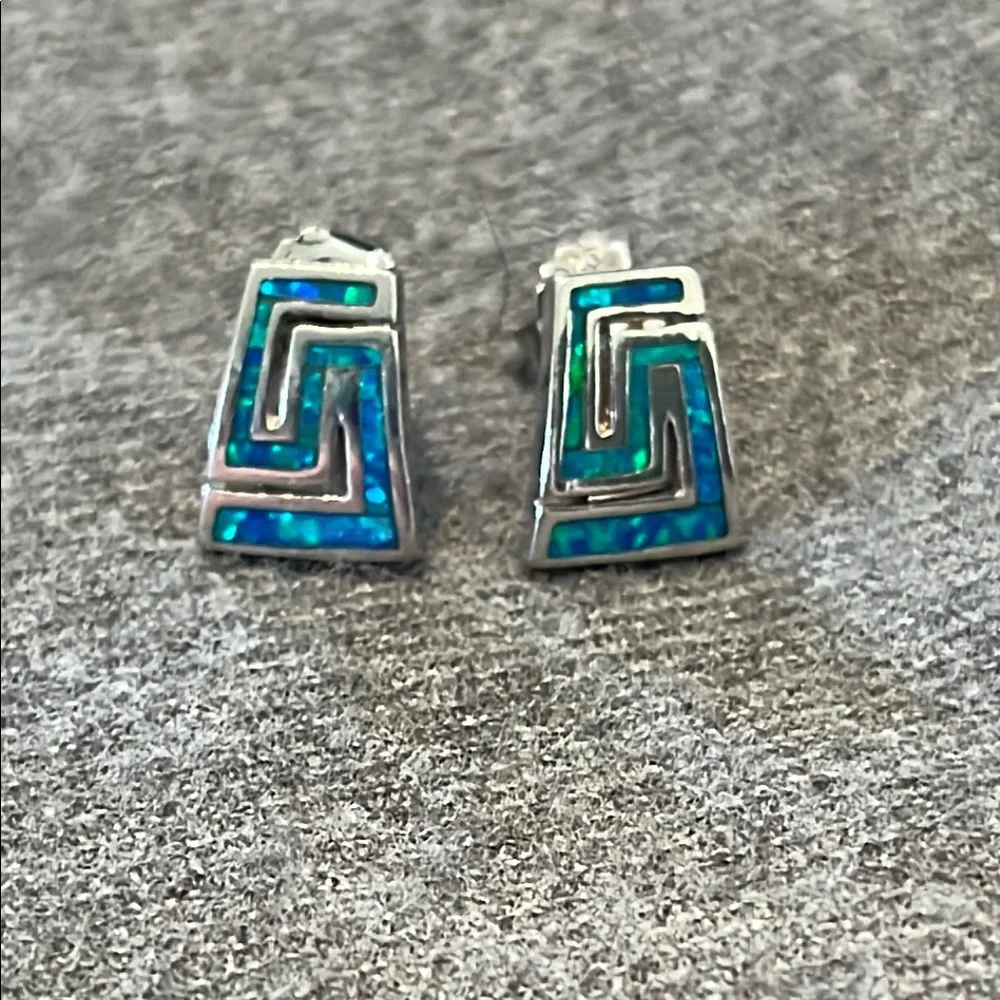 Sterling Blue Opal Inlaid Earrings - Picture 1 of 6